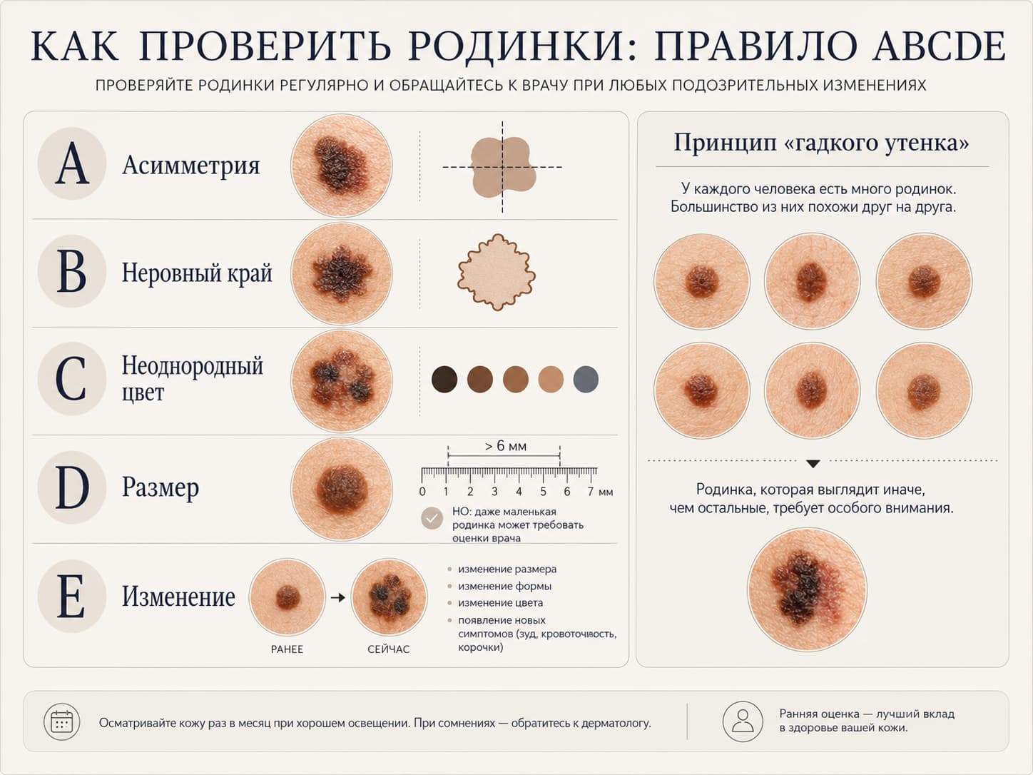 Какие родинки нужно проверять Схема признаков родинок, которые требуют внимания: асимметрия, край, цвет, размер и изменения